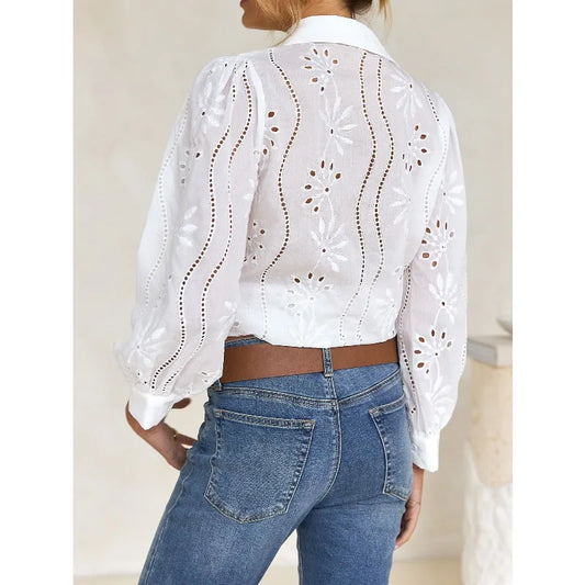 2025 Autumn New Solid Shirt Casual Loose Fashion Hollow Puff Sleeve Cardigan Tops For Women Office Black Hollow out Blouses 1
