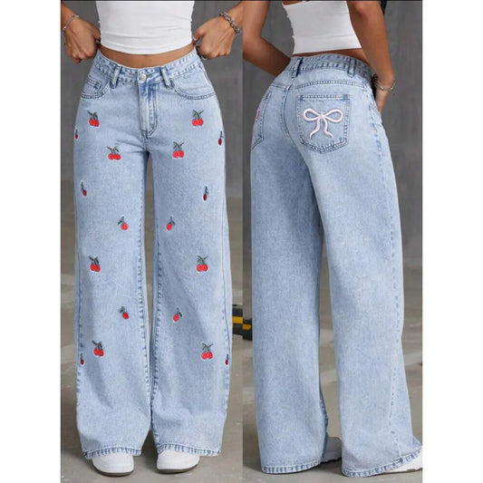 2026 Women Jeans Embroidery High Waist Distressed Washed Denim Wide Leg Pants Pockets Vintage Floor Length Trousers Streetwear 0