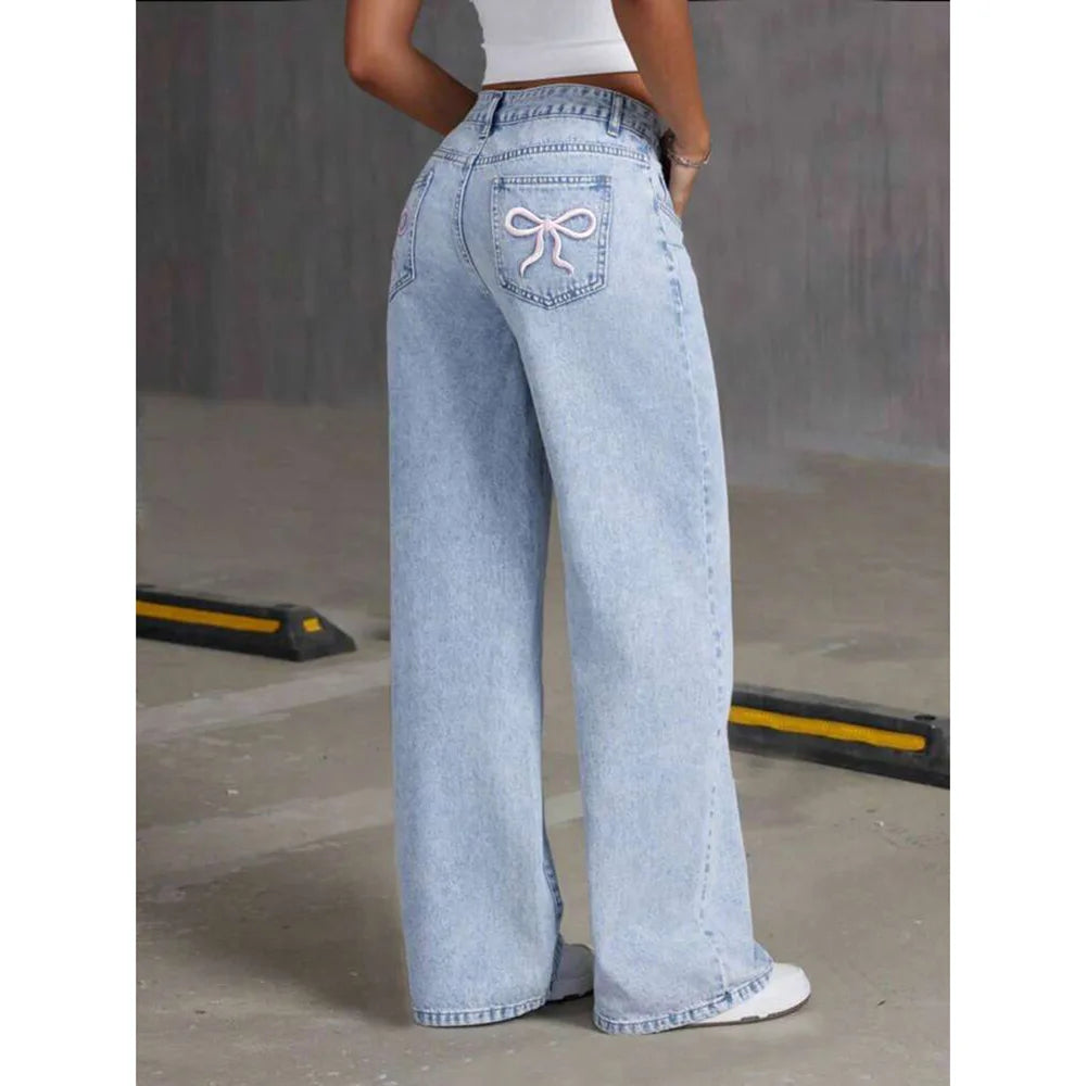 2026 Women Jeans Embroidery High Waist Distressed Washed Denim Wide Leg Pants Pockets Vintage Floor Length Trousers Streetwear 4