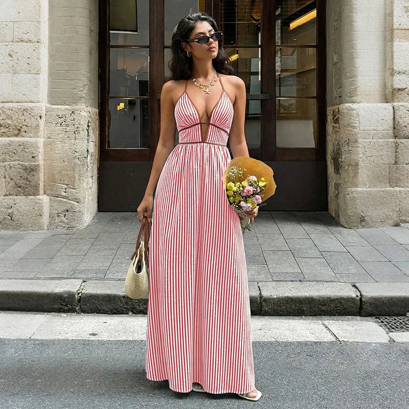Amalfi Striped Maxi Dress – Elegant Backless Halter Neck for Summer Outings 4