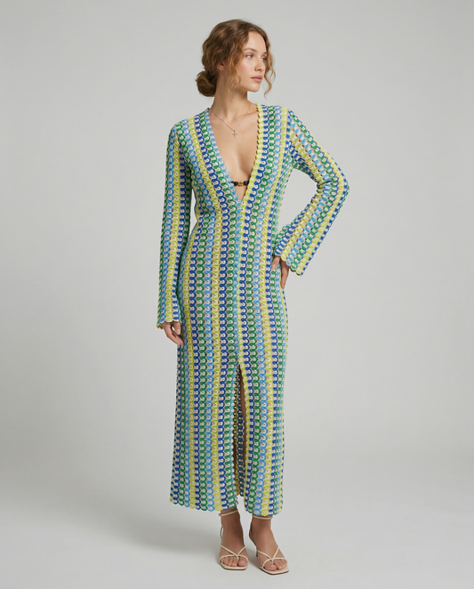 Autumn Striped Maxi Dress – Elegant Flare Sleeve Design for Versatile Seasonal Style 1