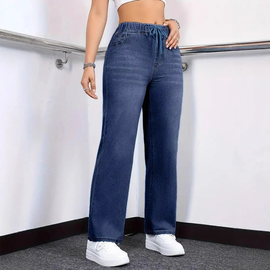 Casual Style High Waist Straight Leg Denim Jeans Women's Elastic Fabric Drawstring Waistband Comfortable Leisure Fashion 0