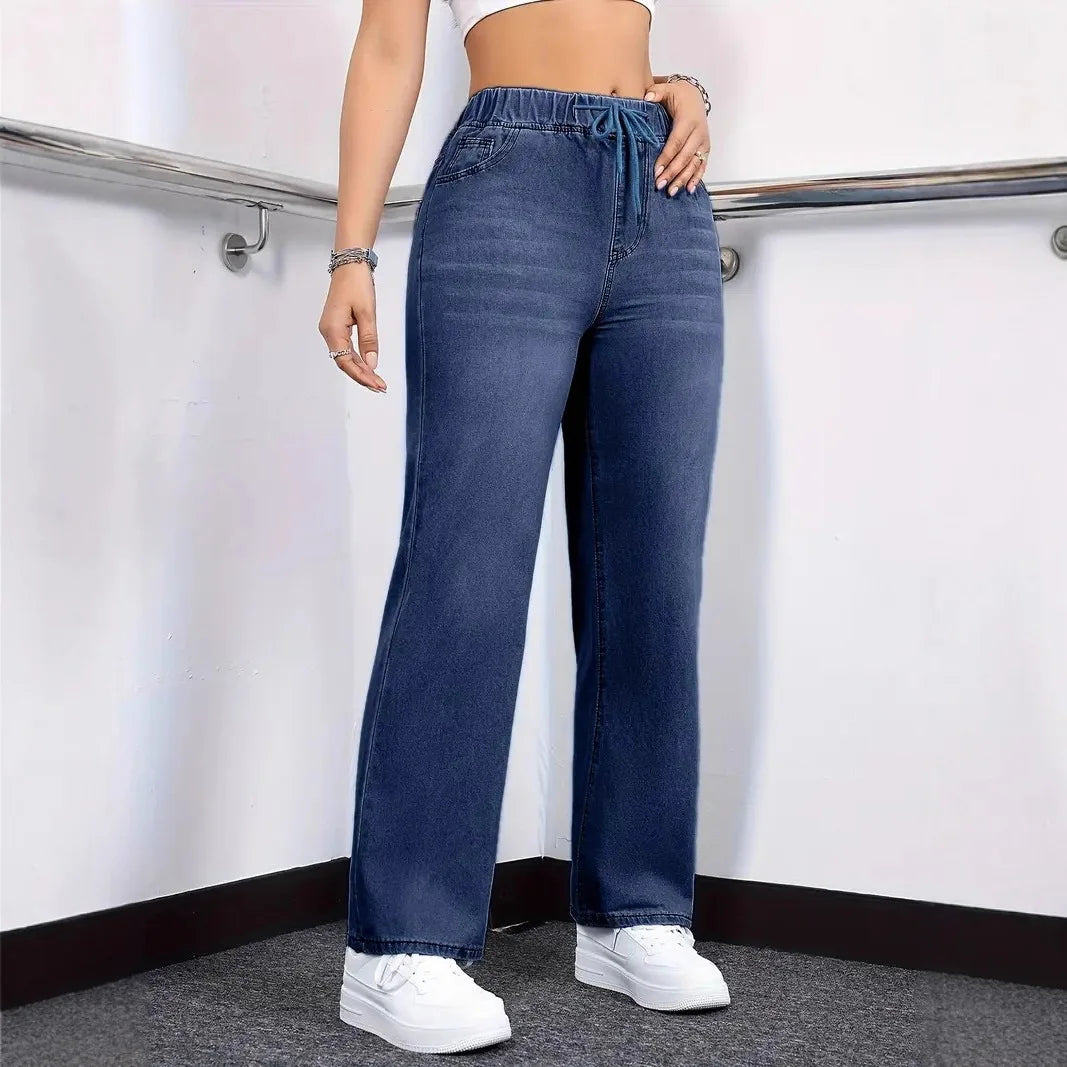 Casual Style High Waist Straight Leg Denim Jeans Women's Elastic Fabric Drawstring Waistband Comfortable Leisure Fashion 5