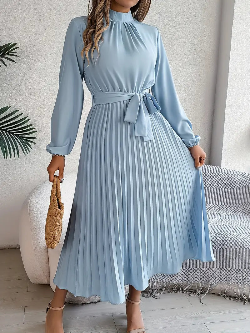 Elegant Pleated Midi Wedding Guest Dress With Belted Waist  Vicancio