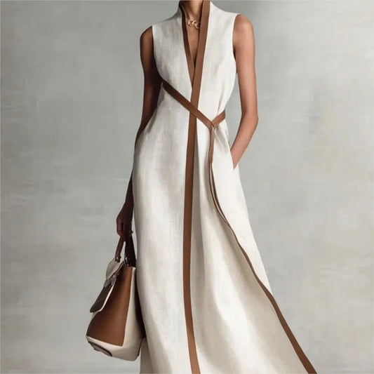 Contrast Color Long Dress – Chic Sleeveless Lace-Up Summer Style 1