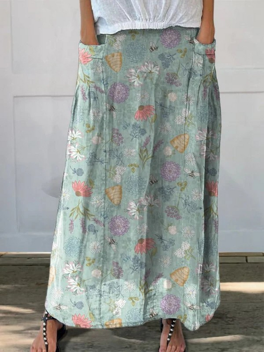 Daisy™ | Blooming Spring Floral And Bumble Bee Pattern Printed Pocket Skirt 0