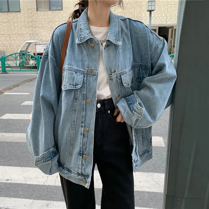 Denim Jacket Women's Spring Autumn New Style Korean Version Loose Fit Slimming Lapel Sleeve Top Student Versatile Work Blazer 0
