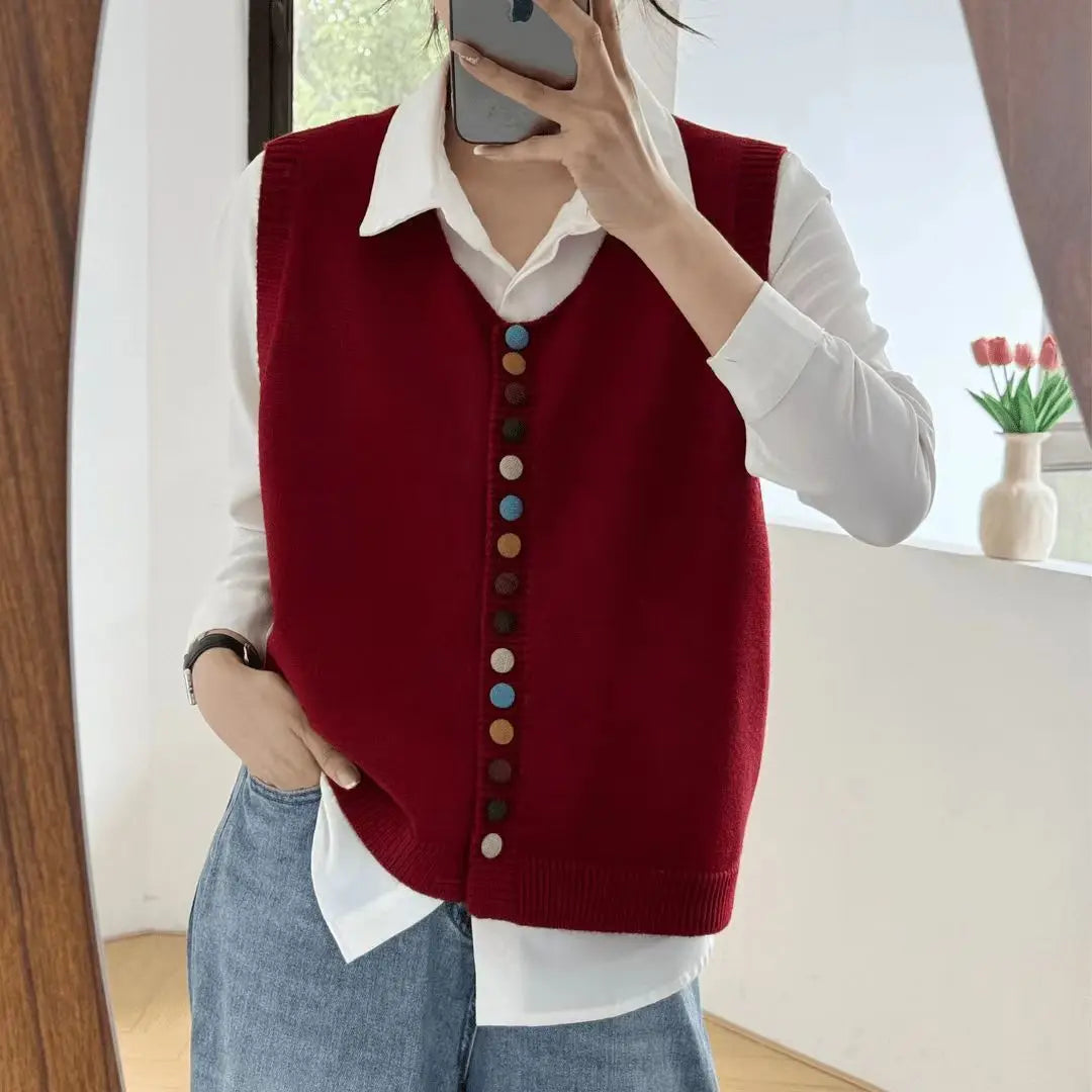 Fashion Colorful Button Knit Sweater Vest Women Spring Autumn New Casual Layering Sweater Woman Retro Gray Sleeveless Vest Top 3