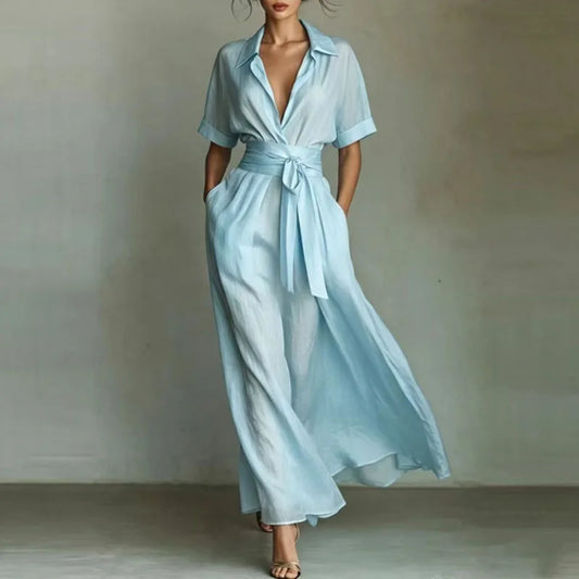 Fashion French Belted Waist Long Dress Women Casual Half Sleeve Solid Party Dresses Elegant Turn-down Collar Pockets Robe Dress 1