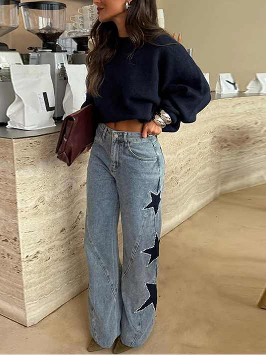 Fashion Women's Diamond Star Blue Jeans High Waist Pockets Zipper Wide Leg Denim Pant 2026 Spring Lady Street All-match Trouser 1