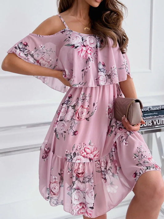 Floral Chiffon Mini Dress – Elegant Off-Shoulder Summer Style 1