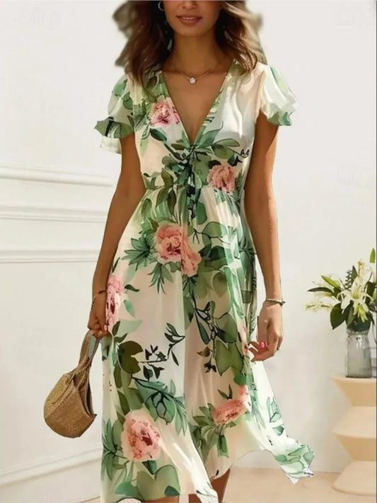 Floral Print Midi Dress – Chic Lace-Up Deep V Neck Summer Style 1