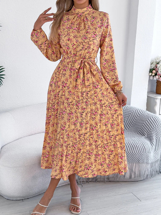 Floral Stand-Up Collar Dress – Elegant Long Sleeve Formal Outfit 6