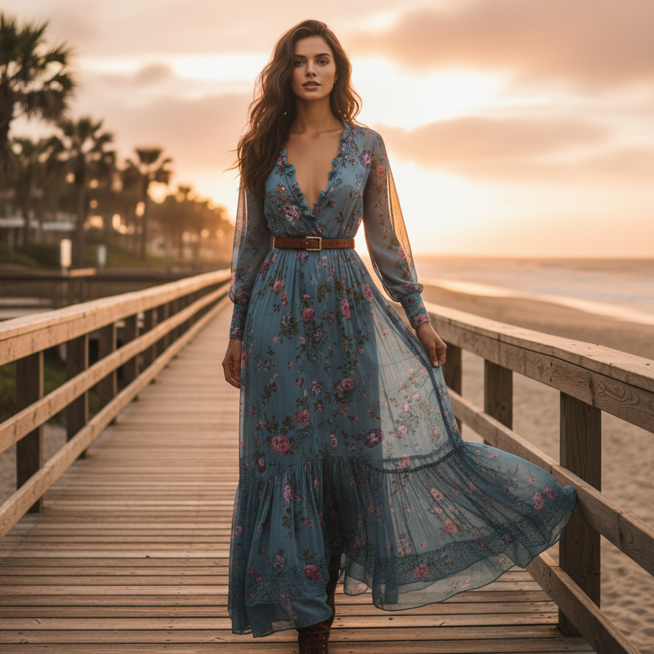 Abito lungo boho a stampa floreale con maniche lunghe
