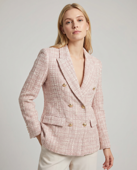 Pink Tweed Double-Breasted Jacket – Gold Button Tailored Blazer