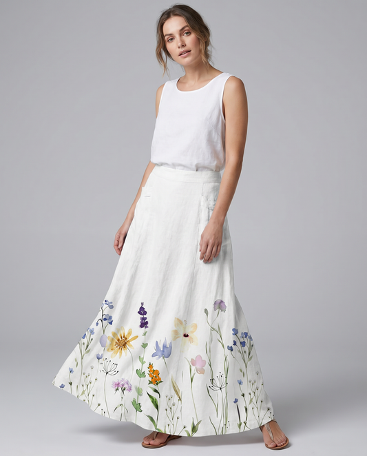 Damenrock mit Wildblumen-Print, hohem Bund und Taschen