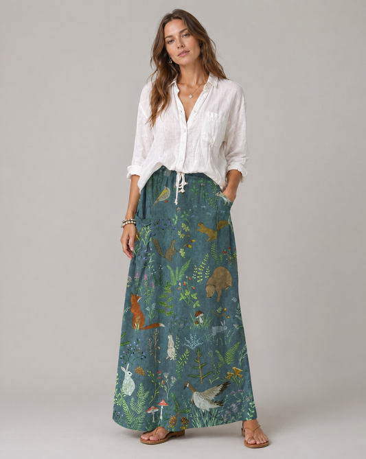Boho-Freizeitrock mit Tier- und Blumenmuster und Taschen