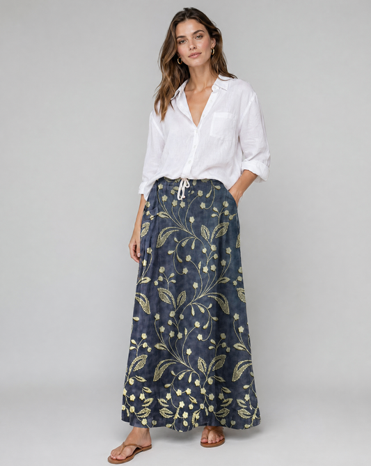 Damenrock mit Vintage-Blumenmuster in mittlerer Länge und Taschen