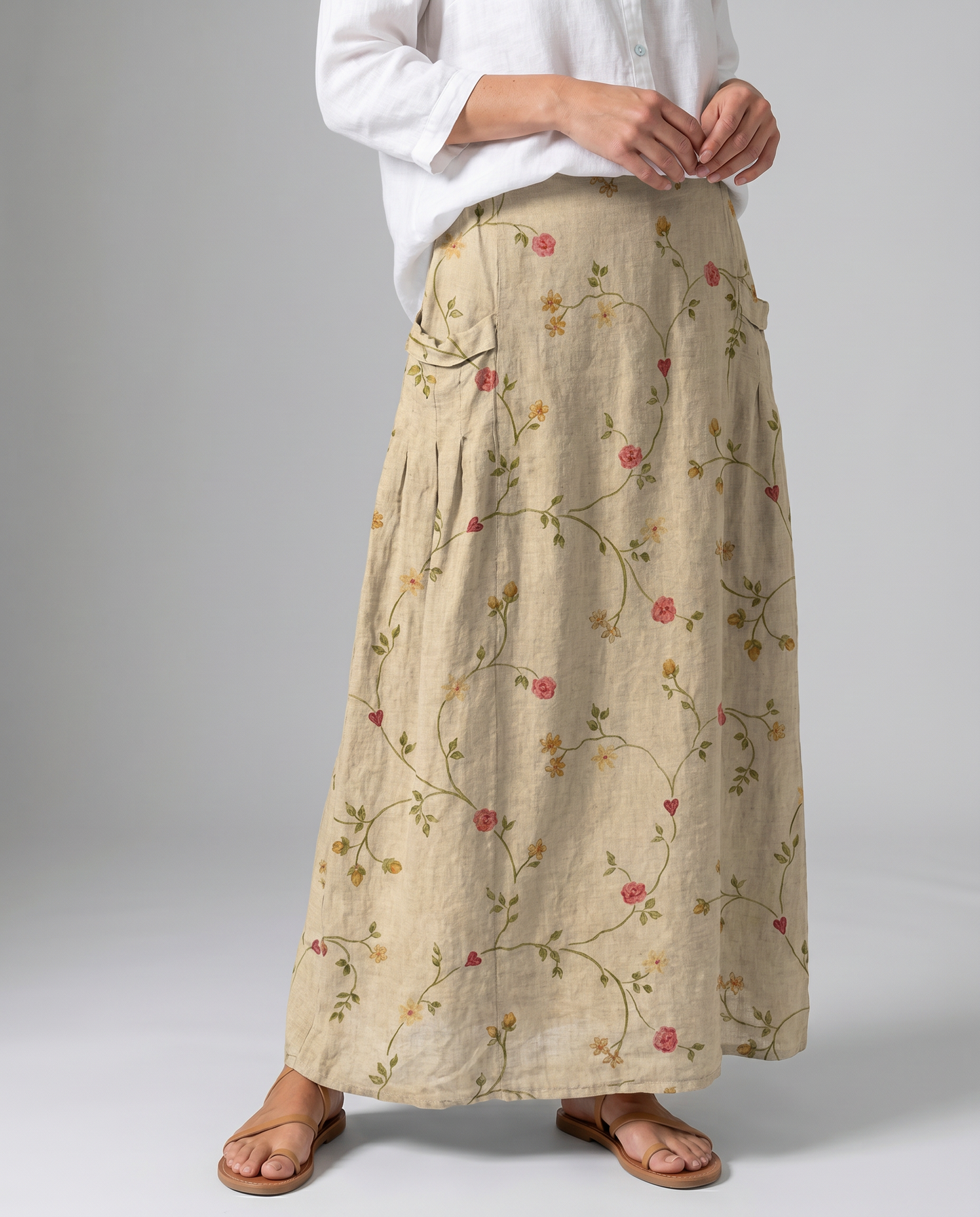 Gonna lunga beige con stampa floreale vintage e tasche