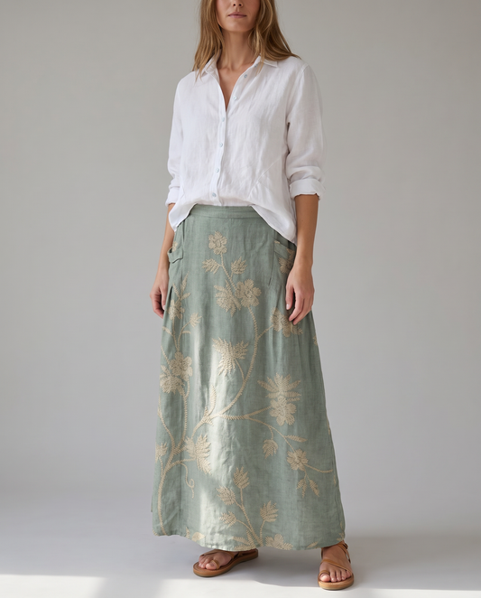 Hellgrauer Vintage-Blumenrock in A-Linie mit Taschen