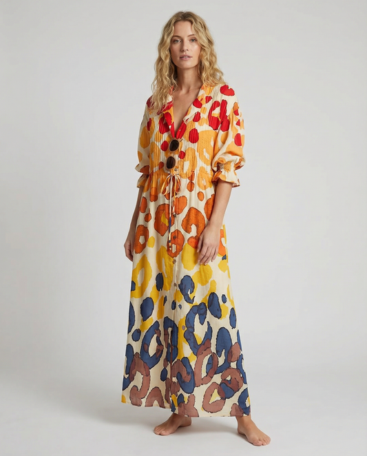 Geometry A-Line Dress – Vintage Puff Sleeve Charm for Summer Outings 1