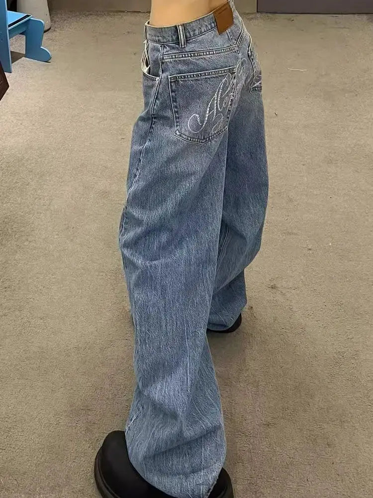 Gradient Spring 2026 Casual Blue Jeans Women Y2K Vintage High Waisted Jeans Straight Streetwear Loose Large Wide Leg Denim Pants 5