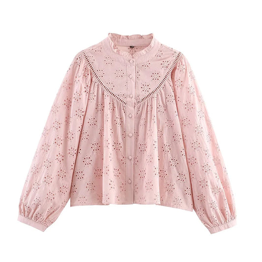 Hollow Out Embroidery Shirt For Women Long Sleeve Stand Collar Streetwear Casual Autumn Blouse Loose Tops 0