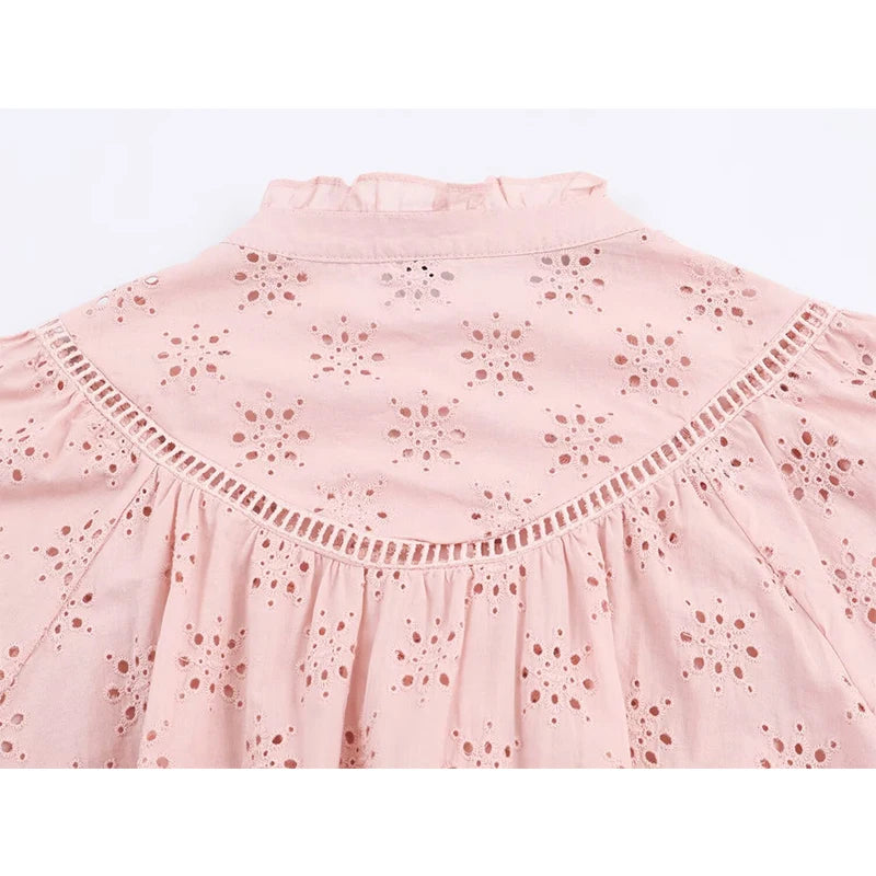 Hollow Out Embroidery Shirt For Women Long Sleeve Stand Collar Streetwear Casual Autumn Blouse Loose Tops 5
