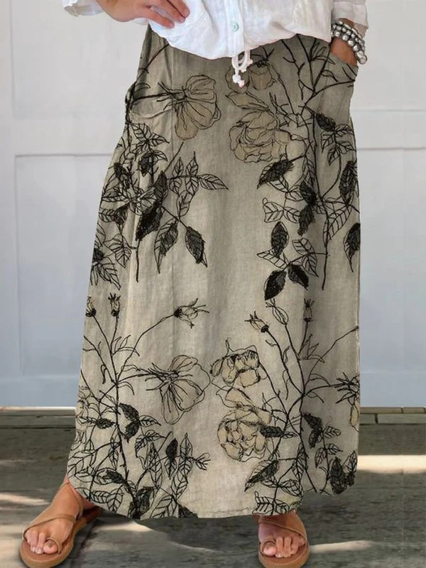 Kisses™ | Retro Floral Art Elastic waistband Pocket Skirt 0