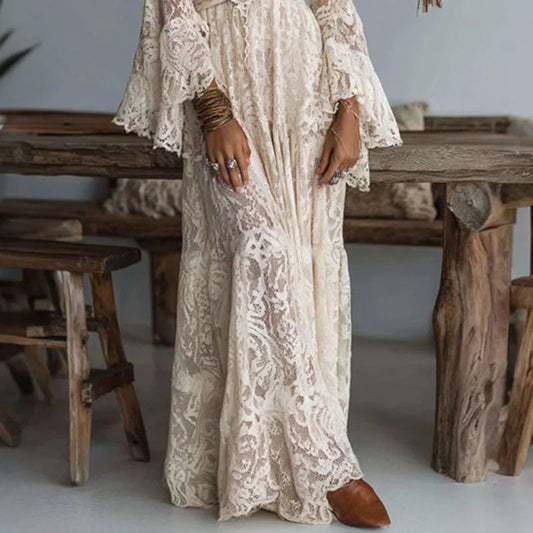 Lace Maxi Dress – Elegant Deep V Neck with Flare Sleeves for Formal Events 2