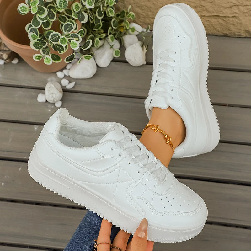 Low Top Thick Sole White Sneakers for Women 2026 Spring Pu Leather Platform Sport Shoes Woman Non Slip Casual Running Shoes 5