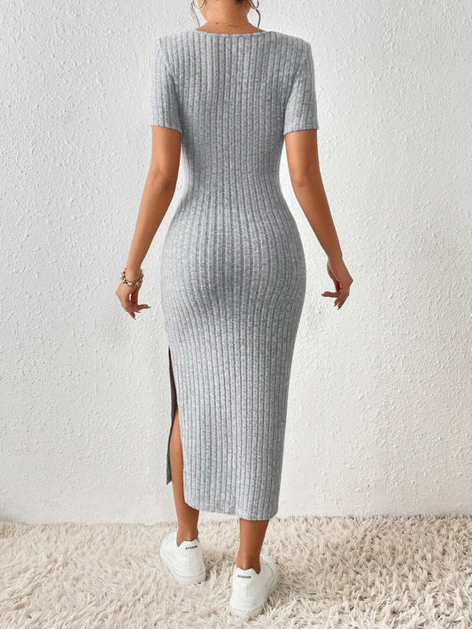 Modern Woman Knitted Dress – Short Sleeve Square Collar With Elegant Side Slit 1