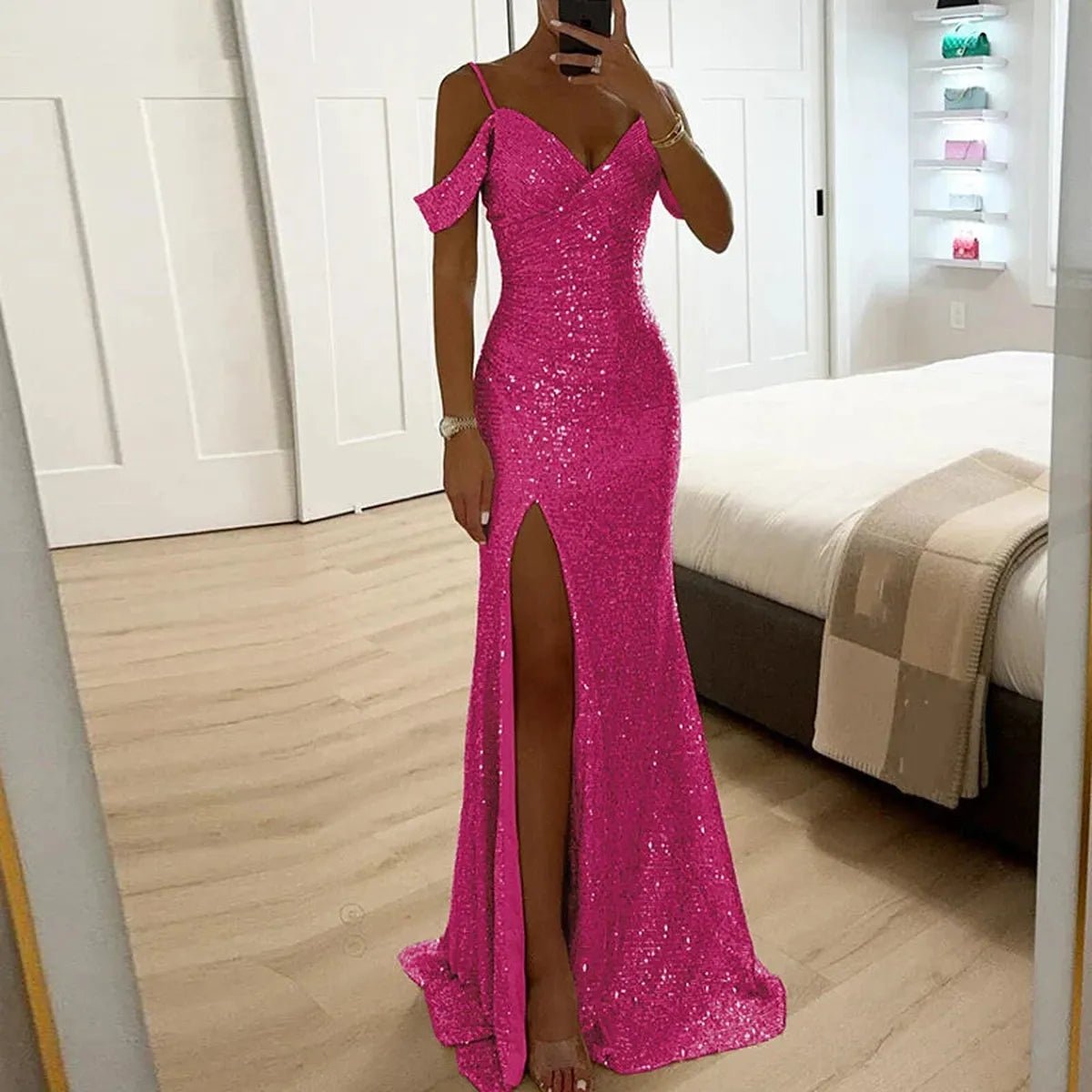 Off Shoulder Sequined Formal Evening Maxi Gown