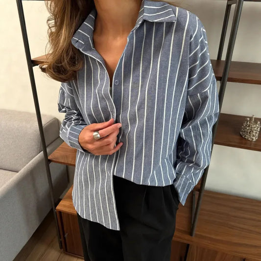 Oversized Striped Shirts & Blouses Loose Fit Casual Fashion Turn down Collar Button down Top for Spring Summer Woman Clothes 2