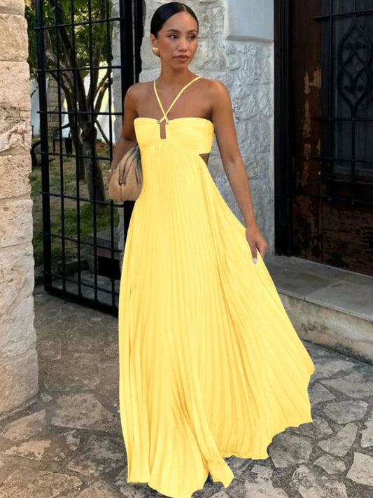 Pleated Halter Neck Maxi Dress with Open Back Detail 1