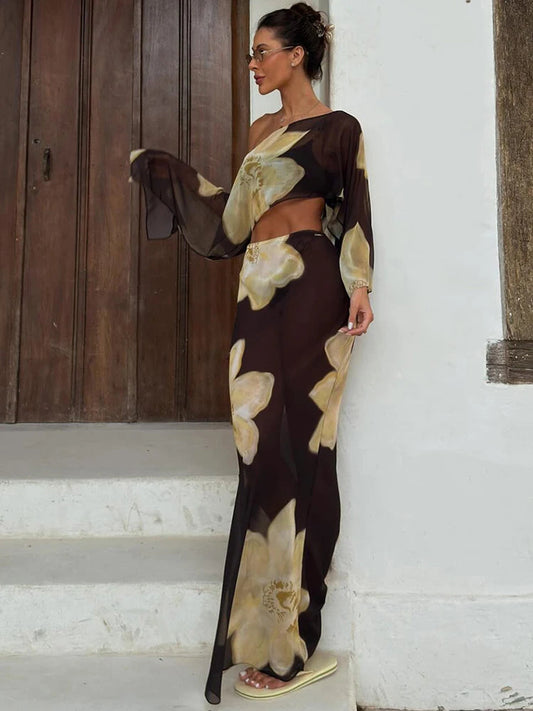 Printed One Shoulder Two Piece Set with Flowy Sleeve Detail 1