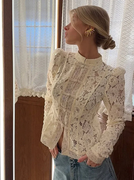 Retro Solid Chinese Hollow Lace Shirt Women Chic O Neck Long Sleeve Slim Knit Top Summer 2025 Fashion New Street Floral Blouses 1