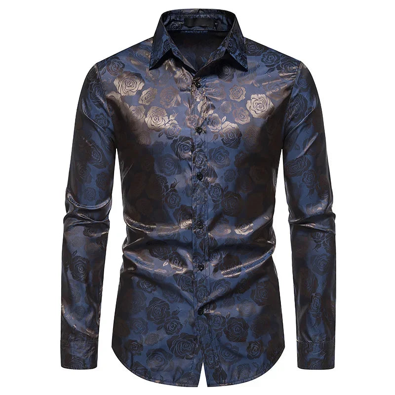 Rose Print Men's Shirt – Elegant Long Sleeve Floral Design for Formal Events 4