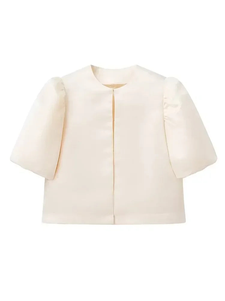 Round Neck Satin Solid Short Blouse For Women Elegant Button Puff Short Sleeve New Fashion Shirt Chic Lady Street Shirts 2025 9