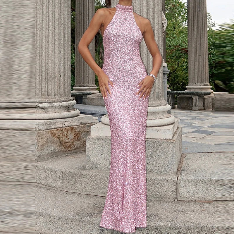 Sequin Halter Neck Maxi Dress with Elegant Fitted Silhouette 8
