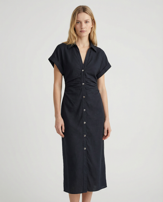 Spring Denim Dress – Casual Midi with Ruched Sleeves for Warm-Weather Outings 2