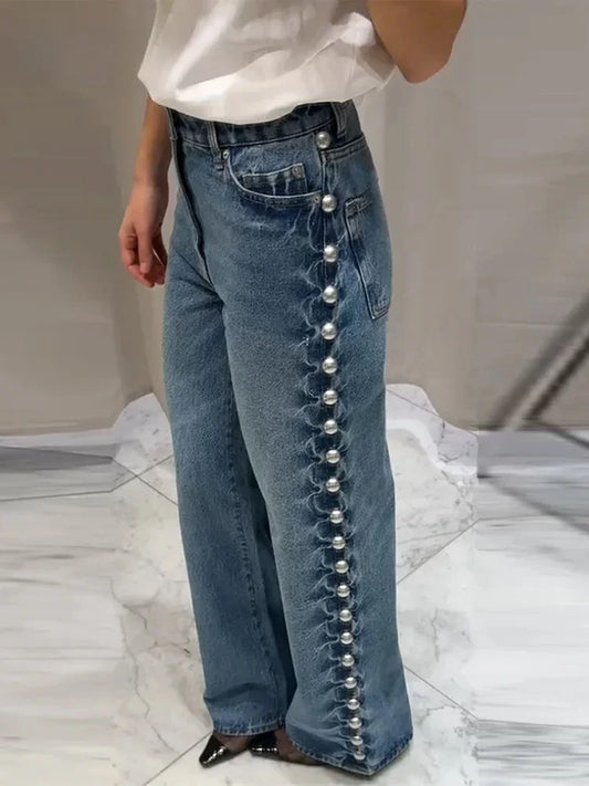 Street Women's Beaded Jeans Fashion High Waist Pockets Female Straight Denim Pants Spring Summer Lady Y2k Vintage Trousers 1