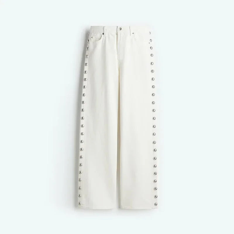 Street Women's Beaded Jeans Fashion High Waist Pockets Female Straight Denim Pants Spring Summer Lady Y2k Vintage Trousers 6