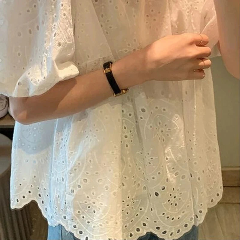 Summer French Style Embroidery Hollow Out Shirt New White Lace Blouse for Women Short Puff Sleeve Tops Round Collar Clothes 930 5