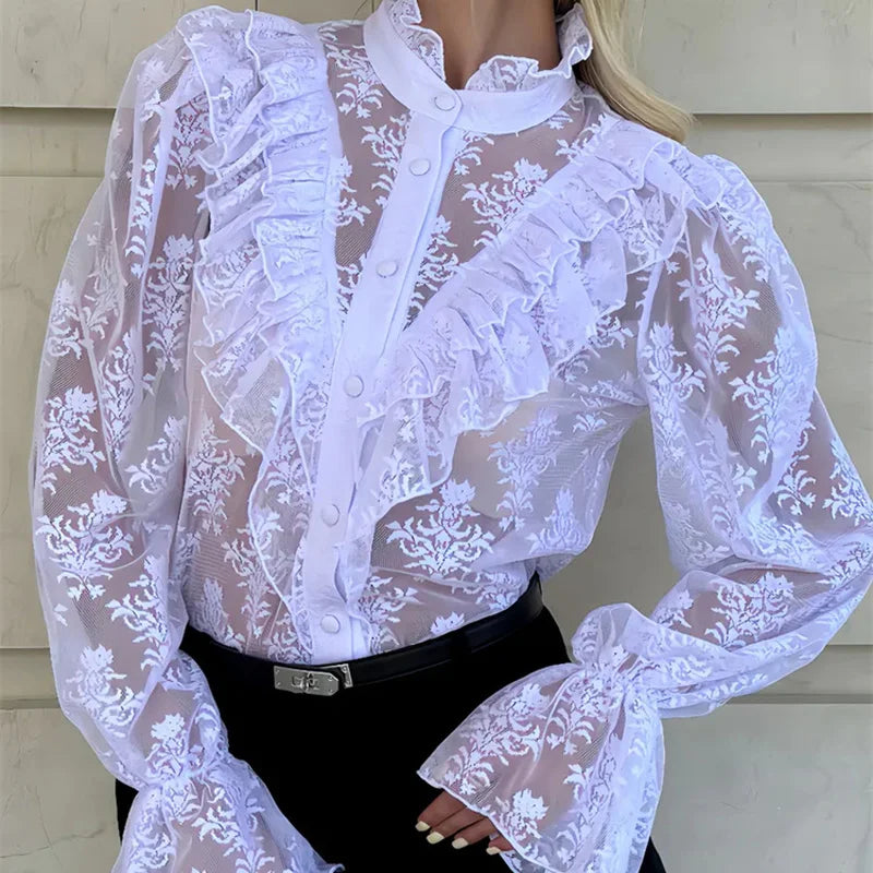 Tossy Lace Ruffled Printed Shirts Female See-Through Patchwork Lace-Up Long Sleeve Commute Clothes Top Women's Summer Blouses 7