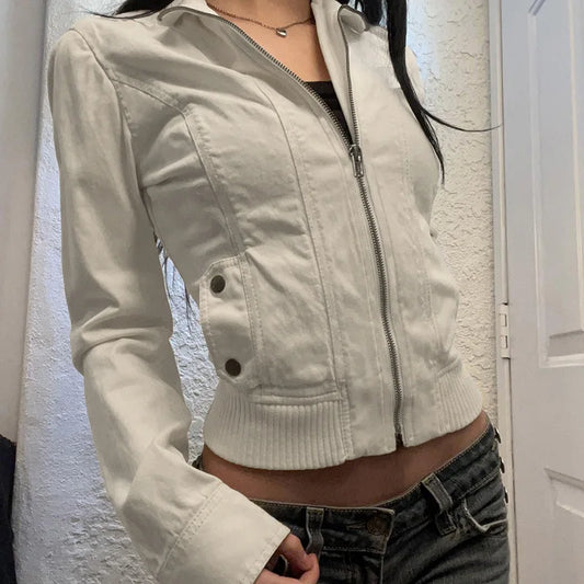 Vintage Cropped Jackets for Women Harajuku Casual Slim Fit Zipper Coat Y2K Streetwear Long Sleeve Outerwear Autumn 0