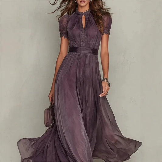 Vintage Spliced Maxi Dress – Elegant Stand Collar for Formal Wedding Guest Events 1
