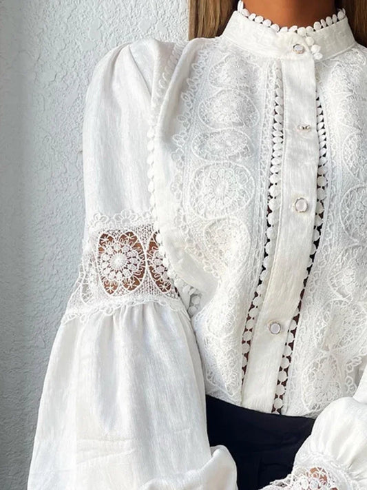 White Lace Blouses Women Elegant Solid Casual Lace and Button Hook Flower Hollow Puff Sleeves Blouse Top Lady Office Shirts 1