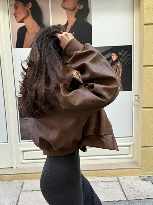 Women's Cropped Vintage Faux Leather Bomber 2