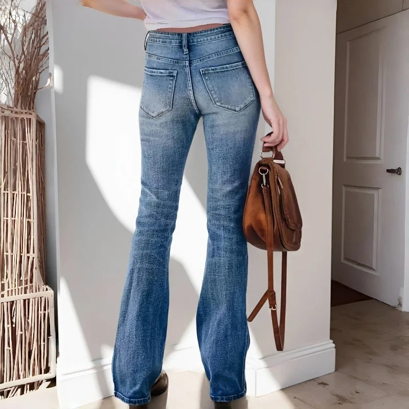 Women's Mid-Rise Stretchy Flare Jeans Retro Slim-Fitting Versatile Office Casual Wear Stretch Denim Pants 4